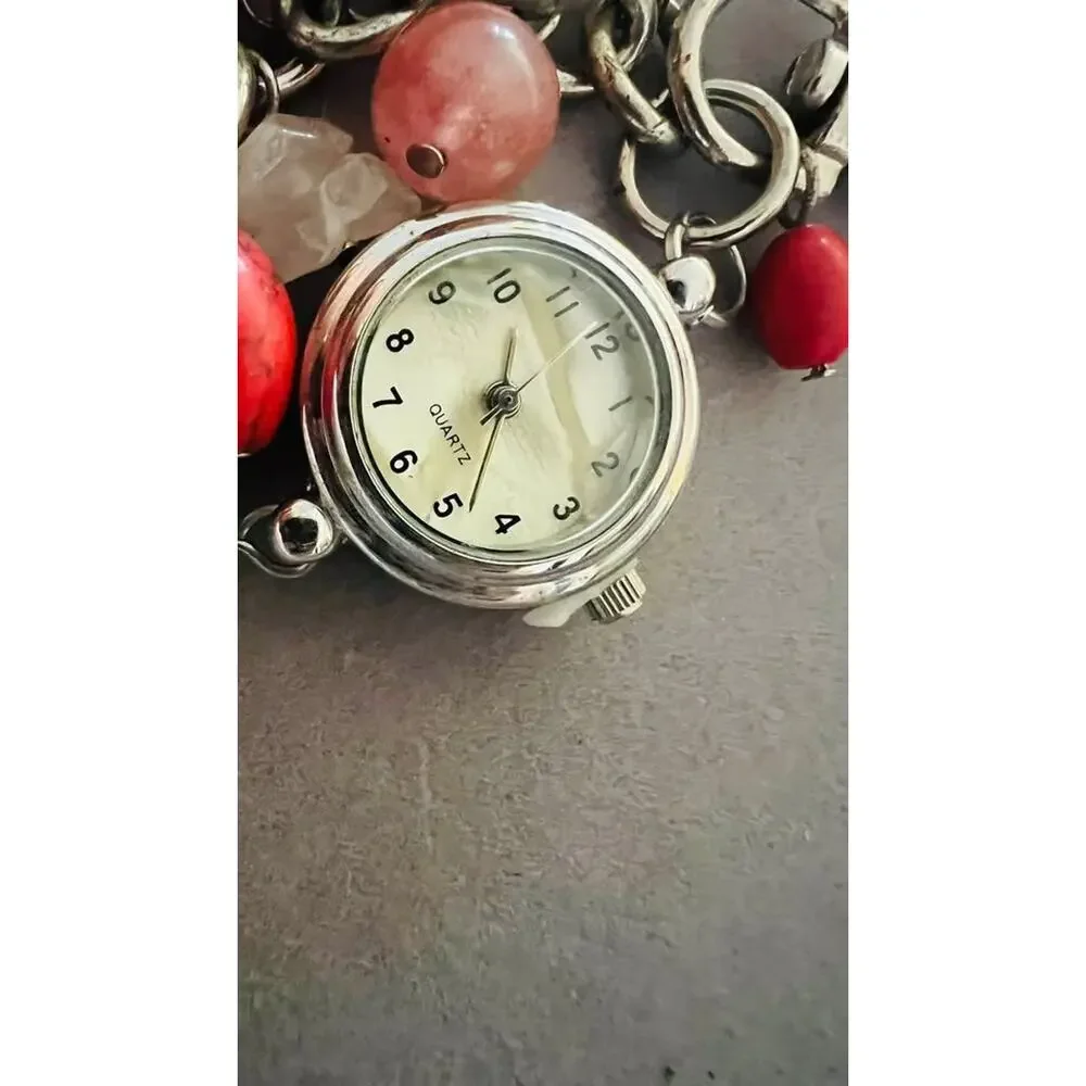 Quartz Watch Keychain with Red and Clear Stone Charms